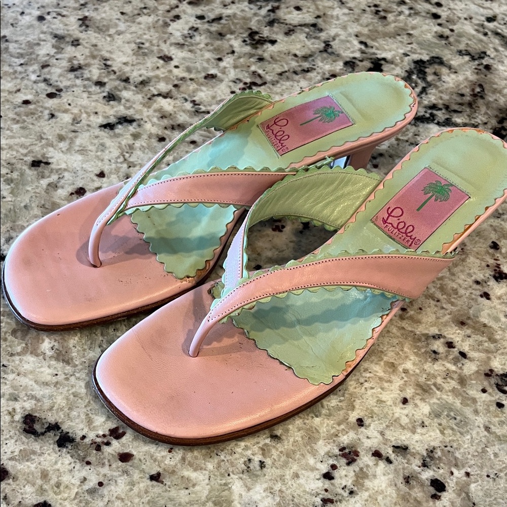 Lilly Pulitzer Pink and Mint Scalloped Thong Sandal Heels